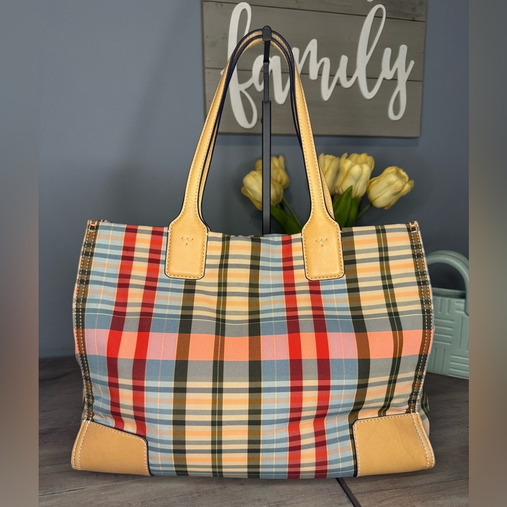 Tory Burch Plaid Tote Bag in Multicolor with Tan Leather Trim - Picture 5 of 16